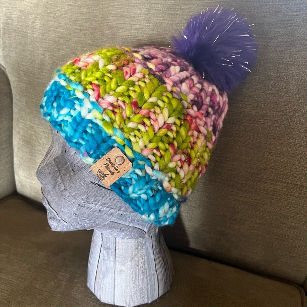 Fun Luxury Hand Knit Hat with Faux Fur Pom Pom